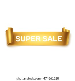 Super sale inscription on gold detailed curved ribbon isolated on white background. Curved paper banner.