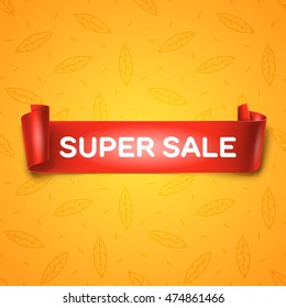 Super Sale inscription on red detailed curved ribbon isolated on yellow leaves background. Curved paper banner.