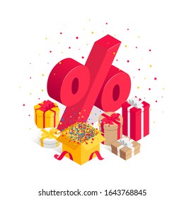 Super sale isometric concept with percent sign, pile of gift box, confetti isolated on white. 3d Vector illustration for web banner, site header, coupon design, tag, flyer, poster, discount card