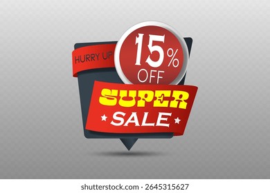 Super sale label with bright red ribbon and yellow text on dark background for special promotion
