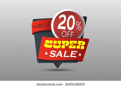 Super sale label with bright red ribbon and yellow text on dark background for special promotion