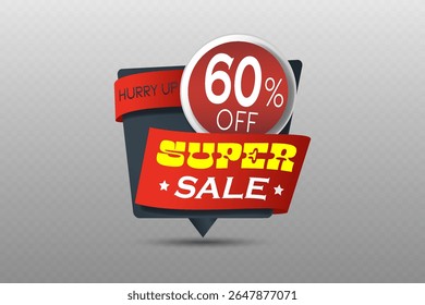 Super sale label with bright red ribbon and yellow text on dark background for special promotion