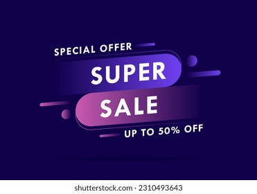 Super sale label design. Colorful geometric banner with sale promotion. Modern flat style vector illustration.