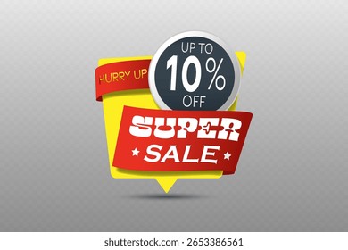 Super sale label with red ribbon and circular discount tag for limited time retail or ecommerce promotions