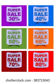 Super sale label set, percent discount, labels in different colors for 30, 40, 50, 60, 70, 80 percent, cambered paper shapes with shadow