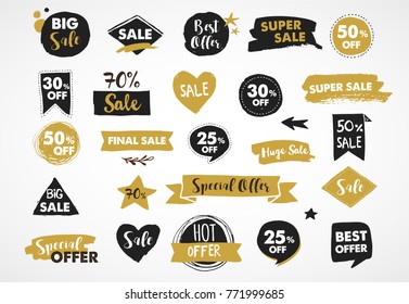 Super Sale Labels, Gold And Black Modern Hand Drawn Stickers And Tags Template Design