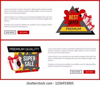 Super sale landing pages with push buttons read more and buy now. Abstract shopping tags with info about discounts, best offer on saleout vector sites