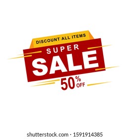 Super sale letter in a red rectangle and yellow board with discount all items letter  with gold lines arout them