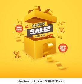 Super Sale Limited Offer. Promotion Tag with Realistic Open Gift Box, Confetti and Ribbon on Yellow Background