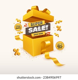 Super Sale Limited Offer. Promotion Tag with Realistic Open Gift Box, Confetti and Ribbon on White Background