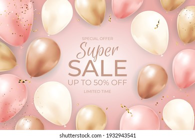 Super Sale Limited Time Background with Balloons, golden ribbon and confetti. Vector Illustration EPS10