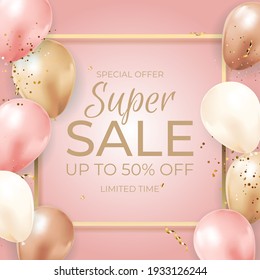 Super Sale Limited Time Background with Balloons, golden frame, ribbon and confetti. Vector Illustration EPS10