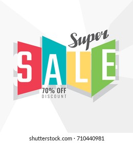 Super Sale Logo Cut in Distorted Rectangles with Calligraphic Lettering Shopping Creative Concept - Green Red Turquoise and Yellow Elements on White Polygonal Background - Vector Flat Graphic Design 