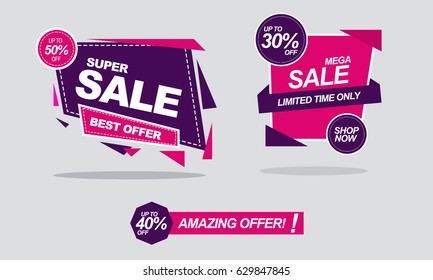 Super sale and Mega Sale badges concept. Vector Illustration of discounted badges and tags in different shapes. sale and discount tags in purple and pink color .vector illustration.