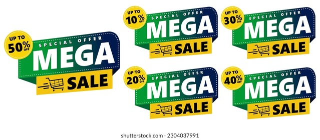 Super sale, Mega sale, Sale Banners, Labels and Stickers set. gradient color blue and green vector banner template isolated on white background. 50%, 10%, 20%, 30%, 40%.