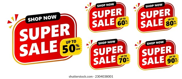 Super sale, Mega sale, Sale Banners, Labels and Stickers collection set. red, yellow and black vector banner template. 50%, 60%, 90%, 80%, 70%.	