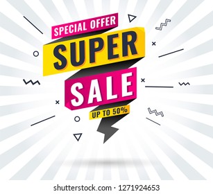 Super Sale, Mega. Flash. this weekend special offer banner, up to 10% 30% 50% 60% off. Vector illustration.