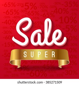 Super sale, mega sale red banner with golden ribbon. Vector EPS 10.