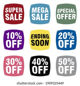 Super sale Mega sale Special Offer Ending Soon 3D Sale tags set vector badges template up to 10 20 30 40 50 percent off with abstract circular square shapes multicolor