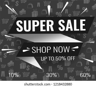 Super Sale, Mega. this weekend special offer banner, up to 10% 30% 50% 60% off. Vector illustration.