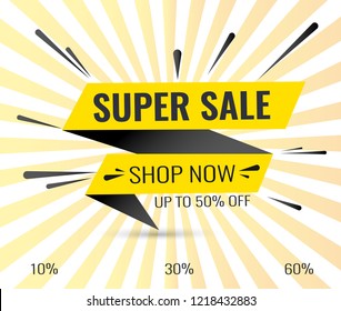 Super Sale, Mega. this weekend special offer banner, up to 10% 30% 50% 60% off. Vector illustration.