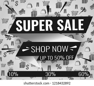 Super Sale, Mega. this weekend special offer banner, up to 10% 30% 50% 60% off. Vector illustration.