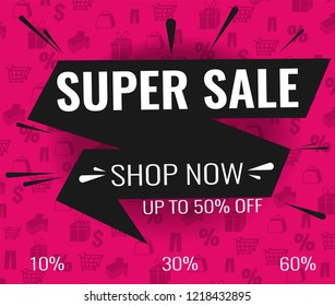 Super Sale, Mega. this weekend special offer banner, up to 10% 30% 50% 60% off. Vector illustration.