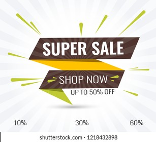 Super Sale, Mega. this weekend special offer banner, up to 10% 30% 50% 60% off. Vector illustration.