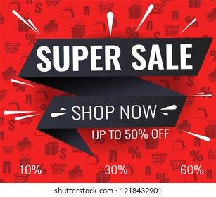 Super Sale, Mega. this weekend special offer banner, up to 10% 30% 50% 60% off. Vector illustration.