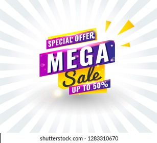 Super Sale, Mega. this weekend special offer banner, up to 50% off. Vector illustration.