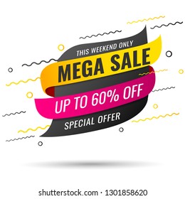 Super Sale, Mega. this weekend special offer banner, up to 60% off. Vector illustration.