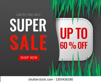 Super Sale, Mega. this weekend special offer banner, up to 60% off. Vector illustration.