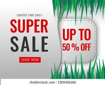 Super Sale, Mega. this weekend special offer banner, up to 50% off. Vector illustration.