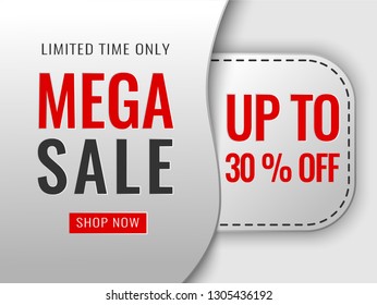 Super Sale, Mega. this weekend special offer banner, up to 30% off. Vector illustration.