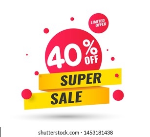 Super Sale, Mega. this weekend special offer banner, up to 40% off. Vector illustration.