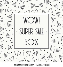 Super sale memphis banner template design for shop. Discount up to 50 percent off. Shop Now. Half price off. Vector sale background. End off season Sale. shopping tag. Store. Illustration poster