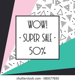 Super sale memphis banner template design for shop. Discount up to 50 percent off. Shop Now. Half price off. Vector sale background. End off season Sale. shopping tag. Store. Illustration poster