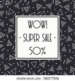 Super sale memphis banner template design for shop. Discount up to 50 percent off. Shop Now. Half price off. Vector sale background. End off season Sale. shopping tag. Store. Illustration poster