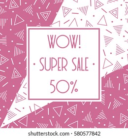 Super sale memphis banner template design for shop. Discount up to 50 percent off. Shop Now. Half price off. Vector sale background. End off season Sale. shopping tag. Store. Illustration poster