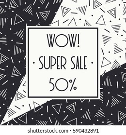 Super sale memphis banner template design for shop. Discount up to 50 percent off. Shop Now. Half price off. Vector sale background. End off season sale. Shopping tag. Store. Illustration poster.