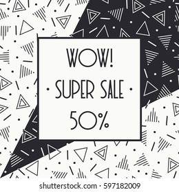 Super sale memphis banner template design for shop. Discount up to 50 percent off. Shop Now. Half price off. Vector sale background. End off season Sale. shopping tag. Store. Illustration poster