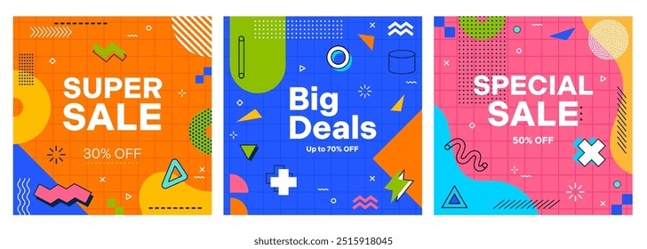 Super venda Memphis banners com padrão geométrico abstrato, cartazes promocionais vetoriais. Banners de venda para promoção de desconto e grande oferta para loja ou loja promoção especial com 30, 50 e 70 por cento de desconto