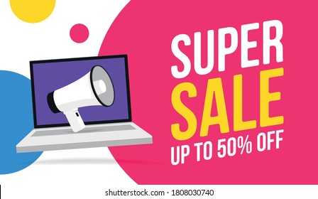 Super Sale Nachricht Blase Sprache Vektorgrafik mit Bullhorn auf Laptop, Promotion oder Verkauf Aufkleber Horn-Etikett, Megaphon Präsentation Poster.