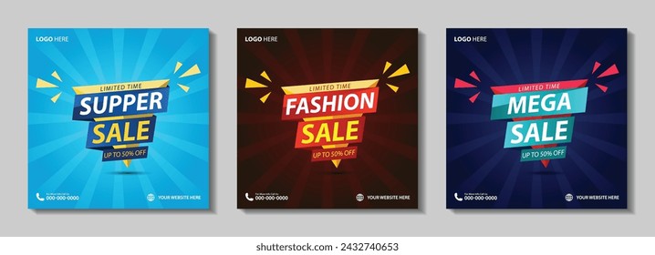 Super Sale Modern Banner Design with Up to 50% Off, End of Season Special Offers, Fashion Sale Social Media Post, and Mega Sales Abstract Background Vector Illustration...