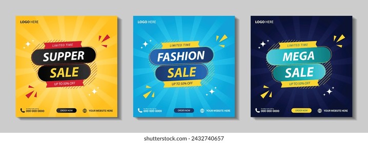 Super Sale Modern Banner Design with Up to 50% Off, End of Season Special Offers, Fashion Sale Social Media Post, and Mega Sales Abstract Background Vector Illustration...