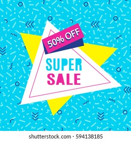 Super sale modern banner template design. Vector illustration for social media. 80s-90s Memphis Style, bright colors