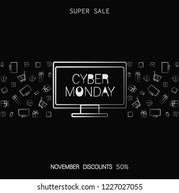 SUPER SALE. Monitor with an inscription. CYBER MONDAY. White signs on the black background. Deal offer. Lettering design template with contrasting signs, black and white poster. 