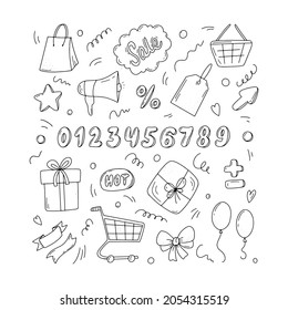 Super sale monochrome set of elements, Black Friday doodle icons. Vector illustration in a hand drawn style. Icons collection for shopping
