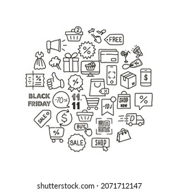 Super sale monochrome set of elements, Black Friday doodle icons. Vector illustration in a hand drawn style. Icons collection for shopping