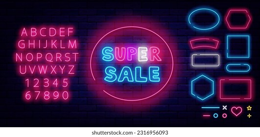 Super Sale neon label. Various frames set. Special offer emblem. Marketing sign. Shiny banner. Handwritten text. Glowing pink alphabet. Shopping design. Editable stroke. Vector stock illustration
